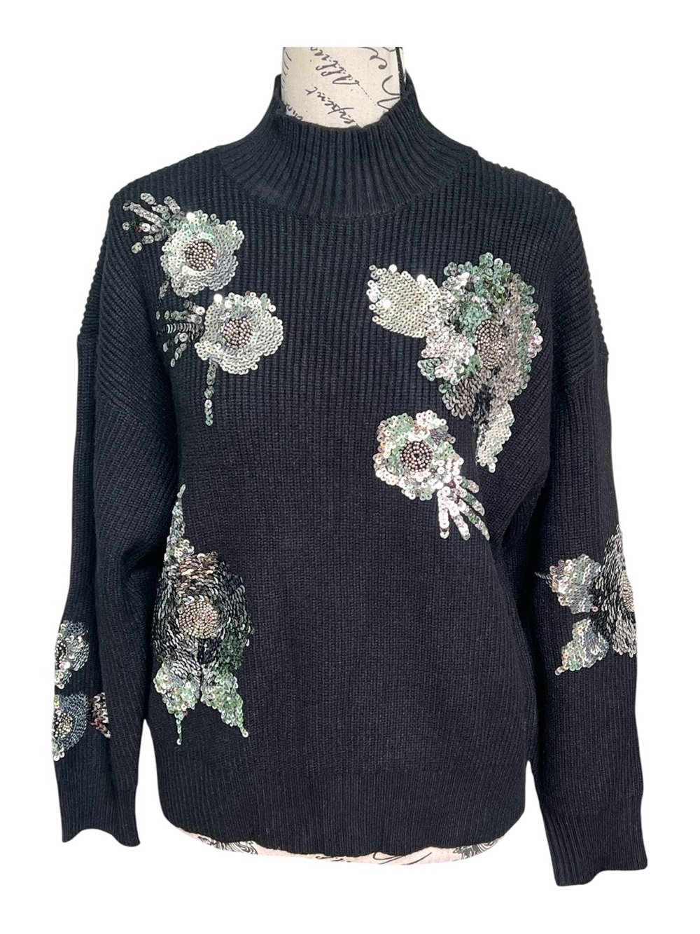 Nicole Miller Black Sequin Floral Mock-Neck Sweater